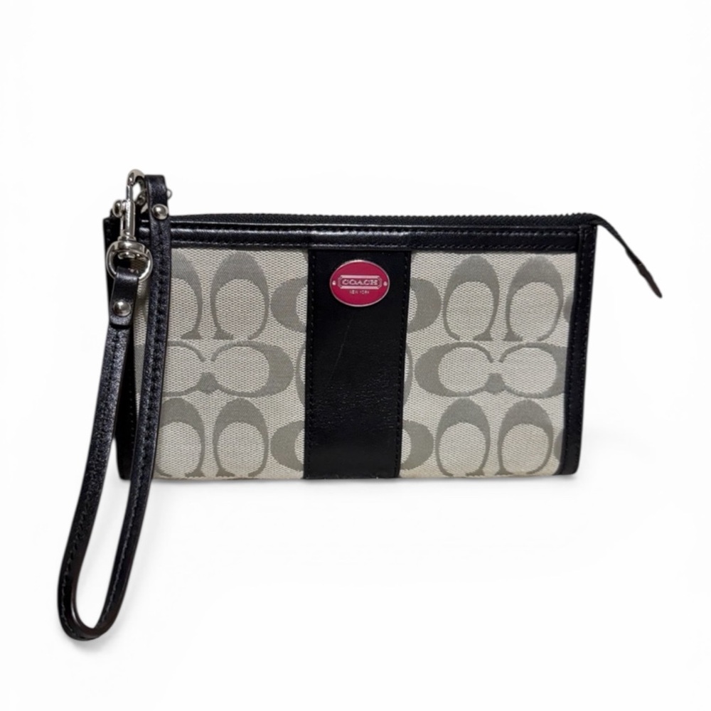 Coach Gray Signature Canvas Wristlet with Black Trim & Pink Logo